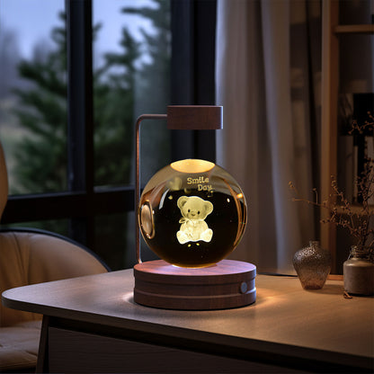 3D Crystal Ball Night Light – USB Wooden Base Bedside Lamp