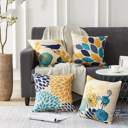 Flower & Bird Cotton Linen Pillowcase – Decorative Cushion Cover for Sofa & Home