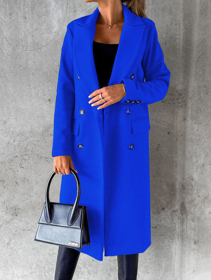 Women's Double Breasted Lapel Long Coat – Slim Winter Jacket