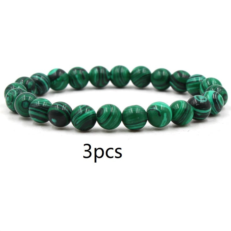 Malachite & Frosted Stone Elastic Bracelet – Natural Green Bead Jewelry for Women & Men