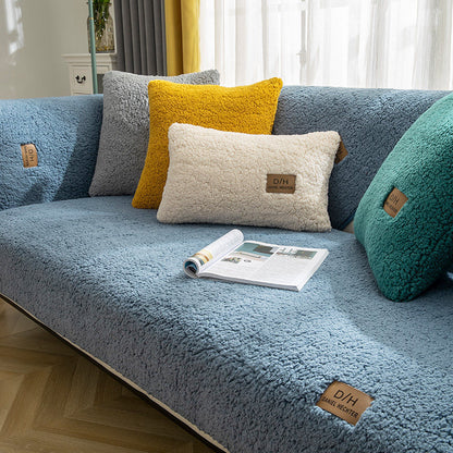 Modern Solid Color Winter Lamb Wool Sofa Cover – Thickened Plush Anti-Slip Couch Cover for Living Room