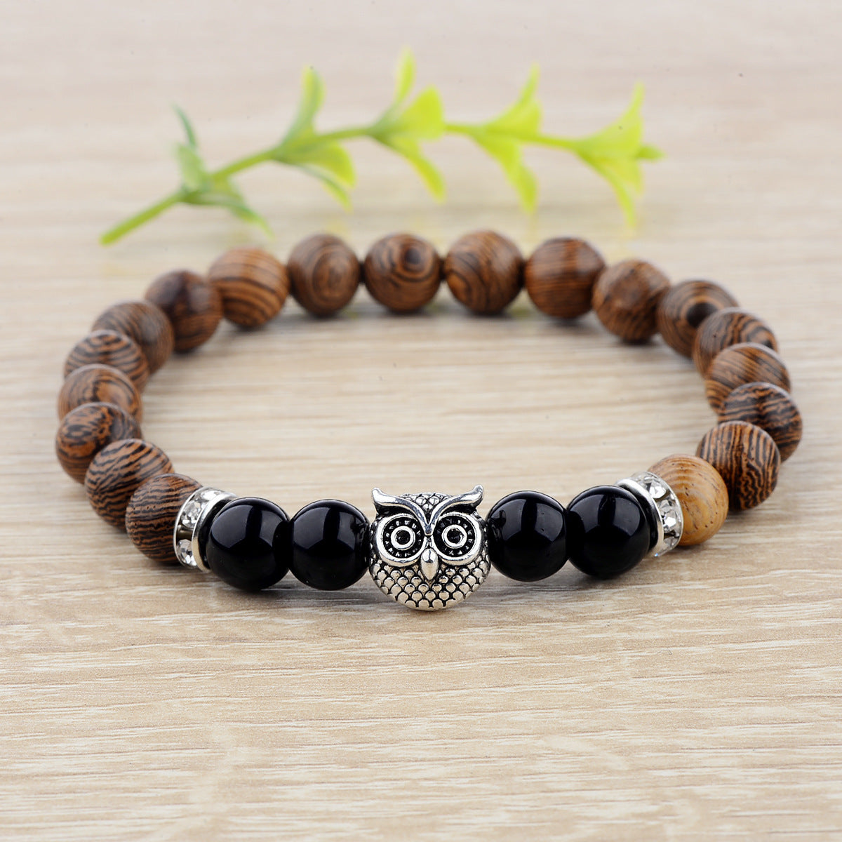 Owl Frosted Stone & Wood Bead Bracelet – Exotic Boho Jewelry