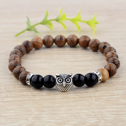 Owl Frosted Stone & Wood Bead Bracelet – Exotic Boho Jewelry