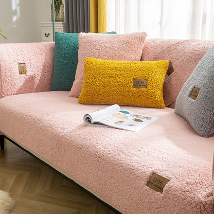 Modern Solid Color Winter Lamb Wool Sofa Cover – Thickened Plush Anti-Slip Couch Cover for Living Room