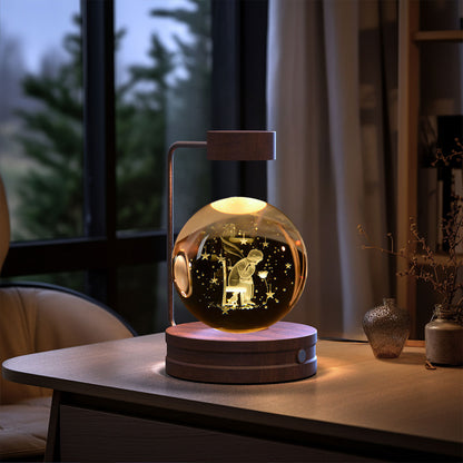 3D Crystal Ball Night Light – USB Wooden Base Bedside Lamp