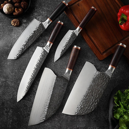 Forged Hammer Pattern Stainless Steel Kitchen Knife Set – Chef, Chopper & Slicing Knives