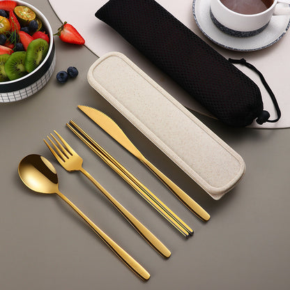 304 Stainless Steel Portable Cutlery Set – Gold Knife, Fork & Spoon with Case for Camping & Travel