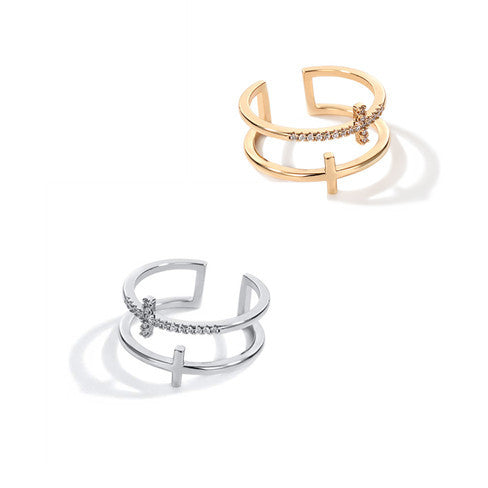 Double Cross Copper Zircon Ring – Miniature Inlaid Fashion Jewelry