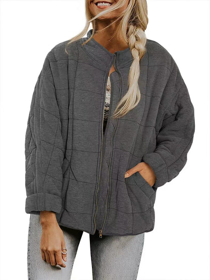 Women's Winter Zip-Up Stand Collar Coat – Plaid Pockets, Long Sleeve