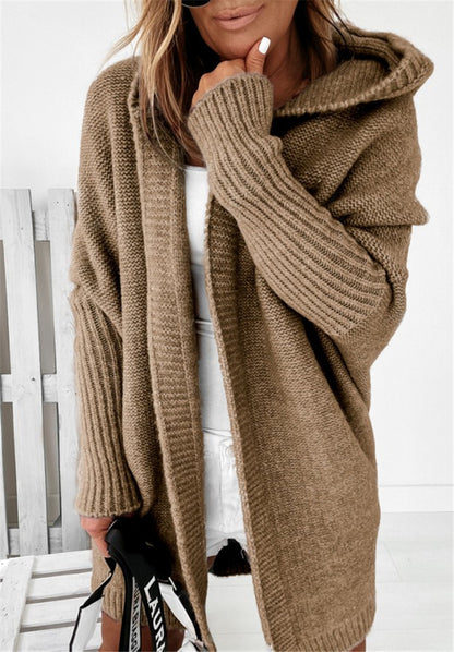 Bat Sleeve Hooded Cardigan – Oversized Knit Sweater for Women