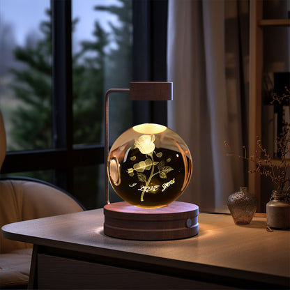3D Crystal Ball Night Light – USB Wooden Base Bedside Lamp