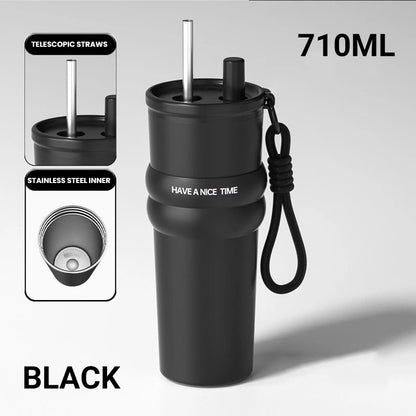 Stainless Steel Vacuum Insulated Bottle with Straw – Leakproof Thermos for Travel & Sports