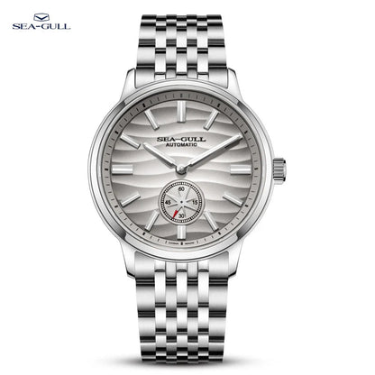 Silver wristwatch with detailed face on a white background, featuring the brand 'Sea-Gull'.