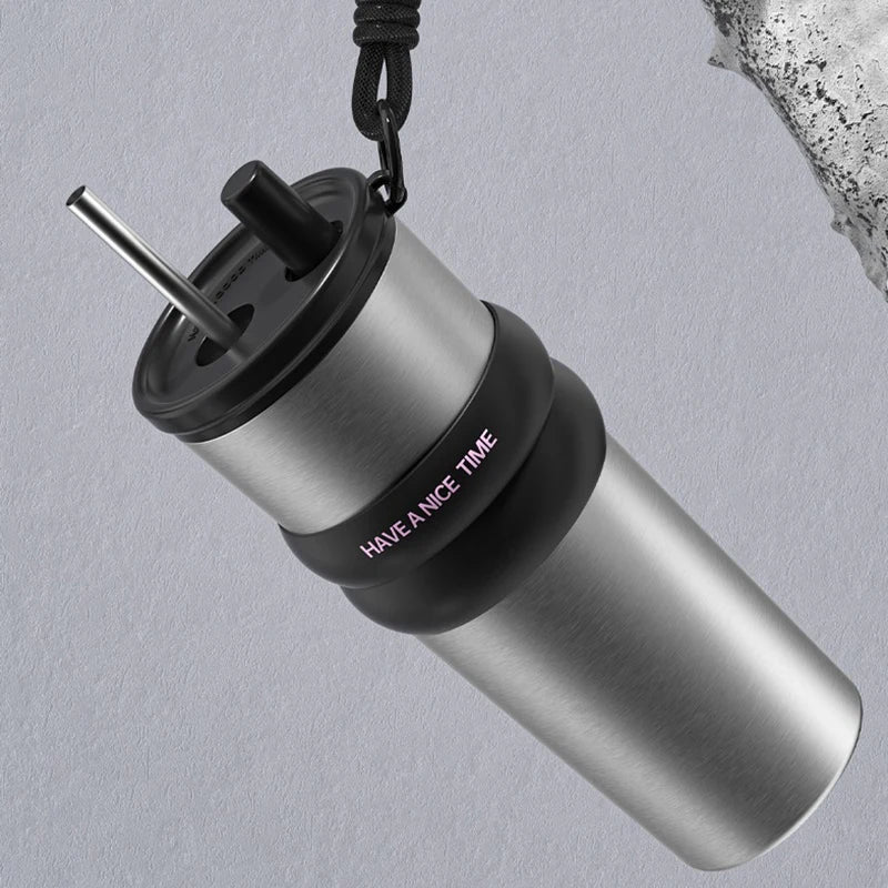 Stainless Steel Vacuum Insulated Bottle with Straw – Leakproof Thermos for Travel & Sports
