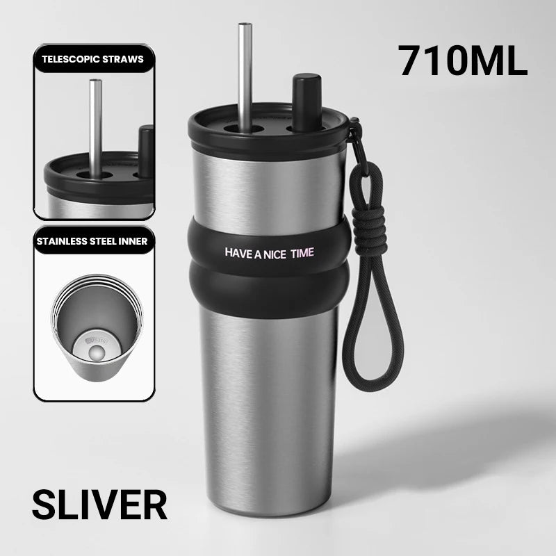 Stainless Steel Vacuum Insulated Bottle with Straw – Leakproof Thermos for Travel & Sports