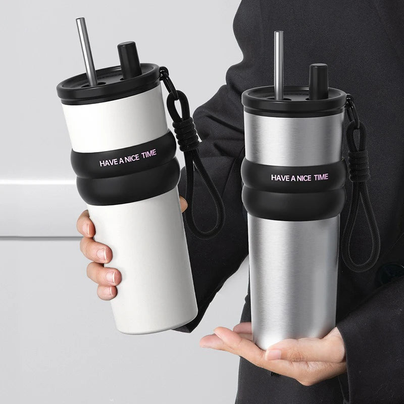 Stainless Steel Vacuum Insulated Bottle with Straw – Leakproof Thermos for Travel & Sports