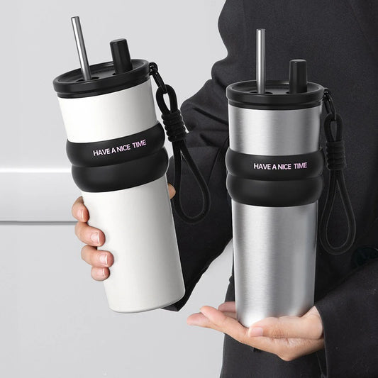 Stainless Steel Vacuum Insulated Bottle with Straw – Leakproof Thermos for Travel & Sports