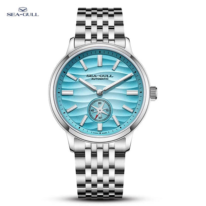 Sea-Gull watch with blue dial and silver metal strap on a white background