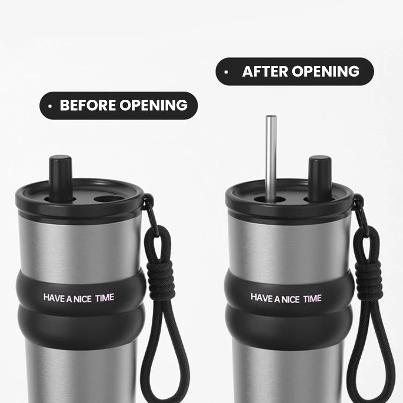 Stainless Steel Vacuum Insulated Bottle with Straw – Leakproof Thermos for Travel & Sports