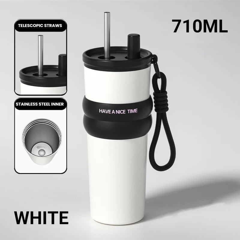 Stainless Steel Vacuum Insulated Bottle with Straw – Leakproof Thermos for Travel & Sports