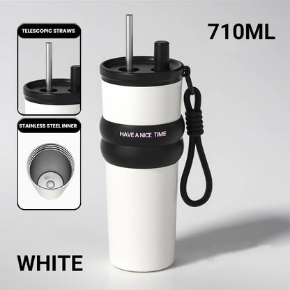 Stainless Steel Vacuum Insulated Bottle with Straw – Leakproof Thermos for Travel & Sports