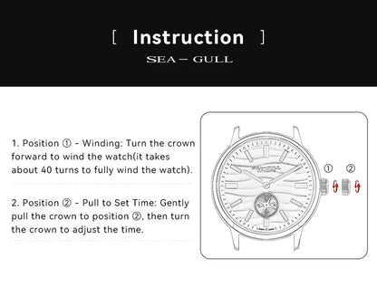 Instruction manual for a Sea Gull watch with text and diagram.