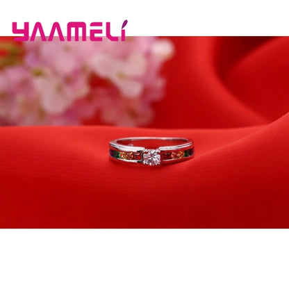 925 Sterling Silver Rainbow Cubic Zircon Ring – Engagement Jewelry for Women