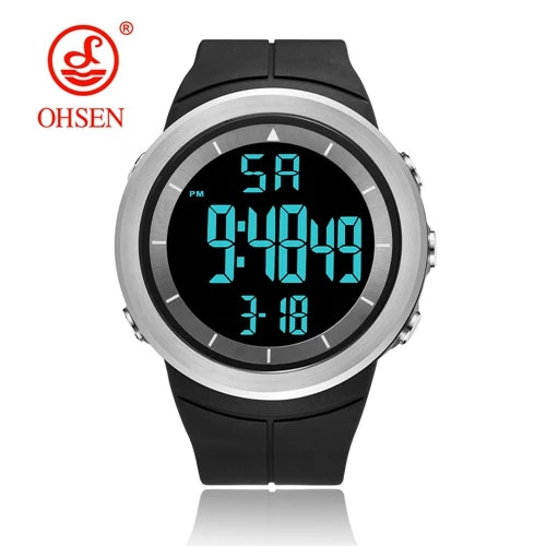 Digital watch with black strap and blue screen on a white background, featuring the OHSEN brand.
