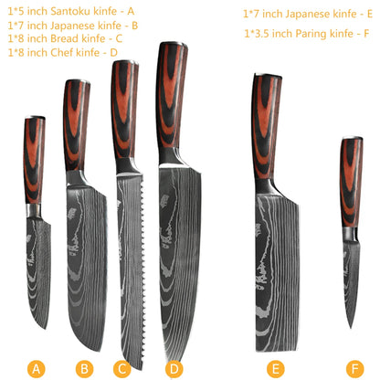 Chef Knife Set – Laser Damascus Pattern Japanese Santoku, Cleaver & Utility Knives (1-10pcs)