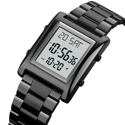 Black digital watch with a metal strap on a white background