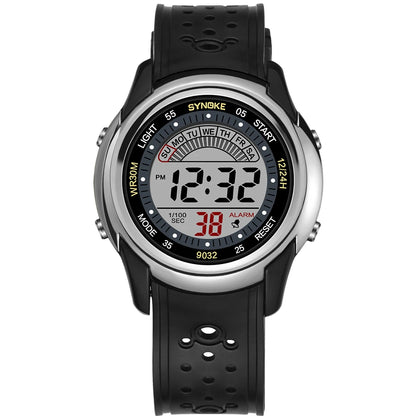 Digital watch with black strap on a white background