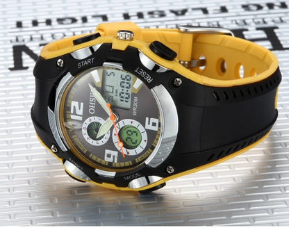 Multifunctional watch with yellow and black strap on a textured surface