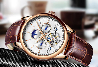 LIGE Tourbillon Automatic Mechanical Watch – 50M Waterproof, Date & Week Display