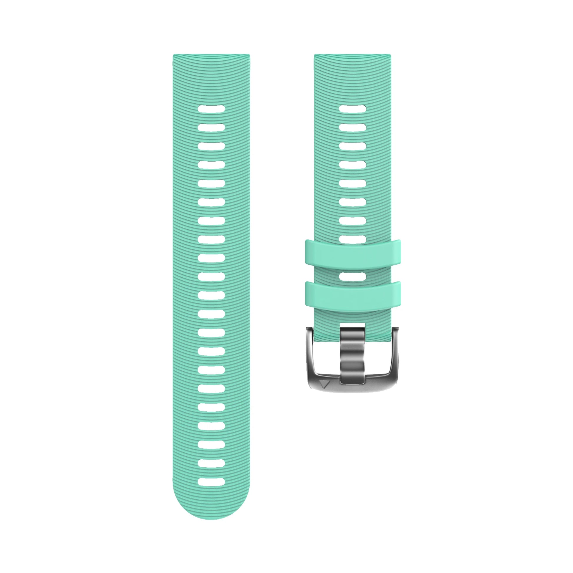 Turquoise watch strap with silver buckle on a white background