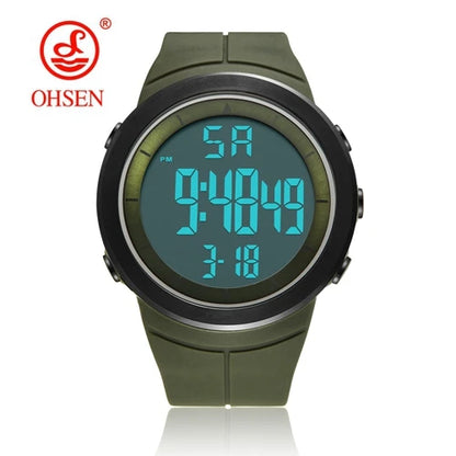 Green digital watch with blue screen on a white background, featuring the OHSEN brand.