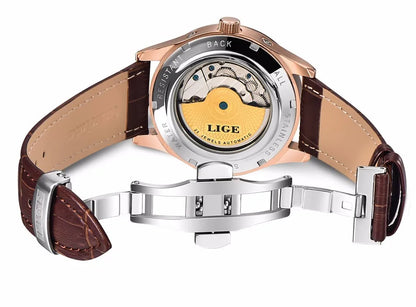 LIGE Tourbillon Automatic Mechanical Watch – 50M Waterproof, Date & Week Display