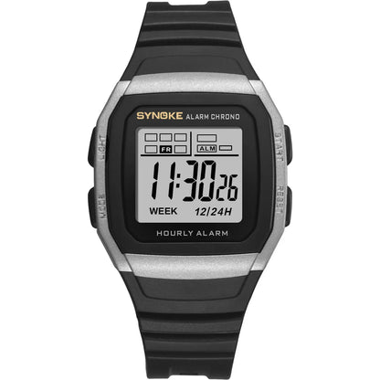 Digital watch with black strap and silver case on a white background