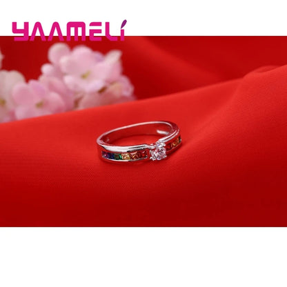 925 Sterling Silver Rainbow Cubic Zircon Ring – Engagement Jewelry for Women