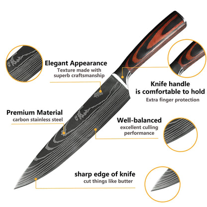 Chef Knife Set – Laser Damascus Pattern Japanese Santoku, Cleaver & Utility Knives (1-10pcs)