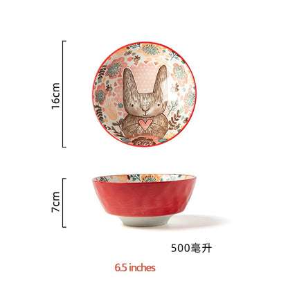 Cute Rabbit Hand-Painted Ceramic Bowl – Underglaze Soup, Noodle & Fruit Salad Bowl