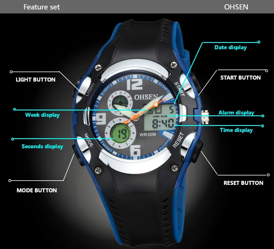 OHSEN Fashion Children Watches Digital LED Analog Watch Boys Girls Quartz Wriwatch Kids Sport Wristwatch Alarm Electronic Clocks