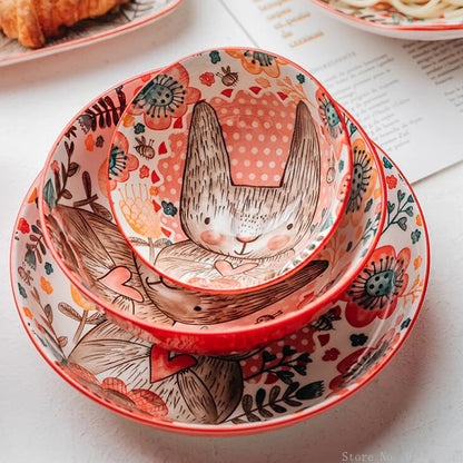 Cute Rabbit Hand-Painted Ceramic Bowl – Underglaze Soup, Noodle & Fruit Salad Bowl