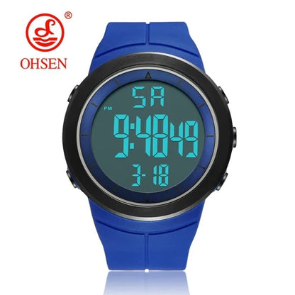 Blue digital watch with green display on a white background, featuring the OHSEN brand.
