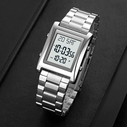 Silver digital watch with a rectangular screen on a dark background