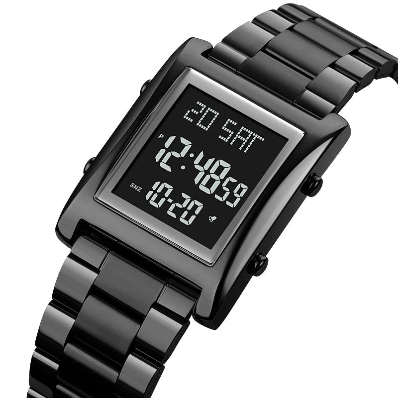 Black digital watch with square display on a white background
