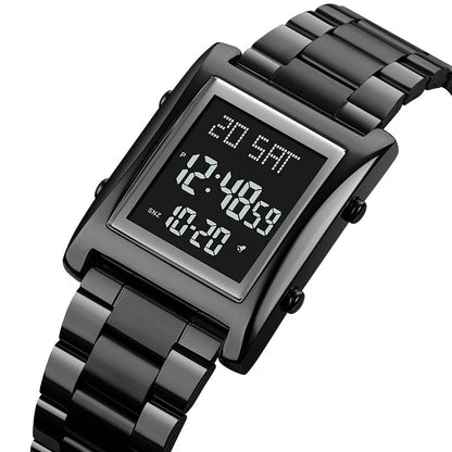 Black digital watch with square display on a white background