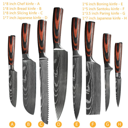 Chef Knife Set – Laser Damascus Pattern Japanese Santoku, Cleaver & Utility Knives (1-10pcs)