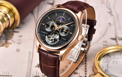 LIGE Tourbillon Automatic Mechanical Watch – 50M Waterproof, Date & Week Display