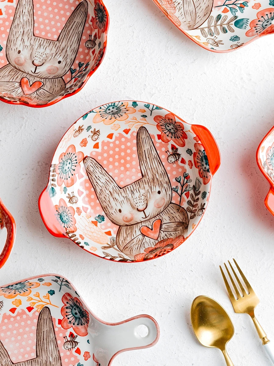 1pc/cute rabbit hand-painted bowl and plate underglaze ceramic household soup bowl commercial hotel noodle bowl fruit salad bowl