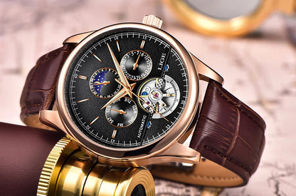 LIGE Tourbillon Automatic Mechanical Watch – 50M Waterproof, Date & Week Display